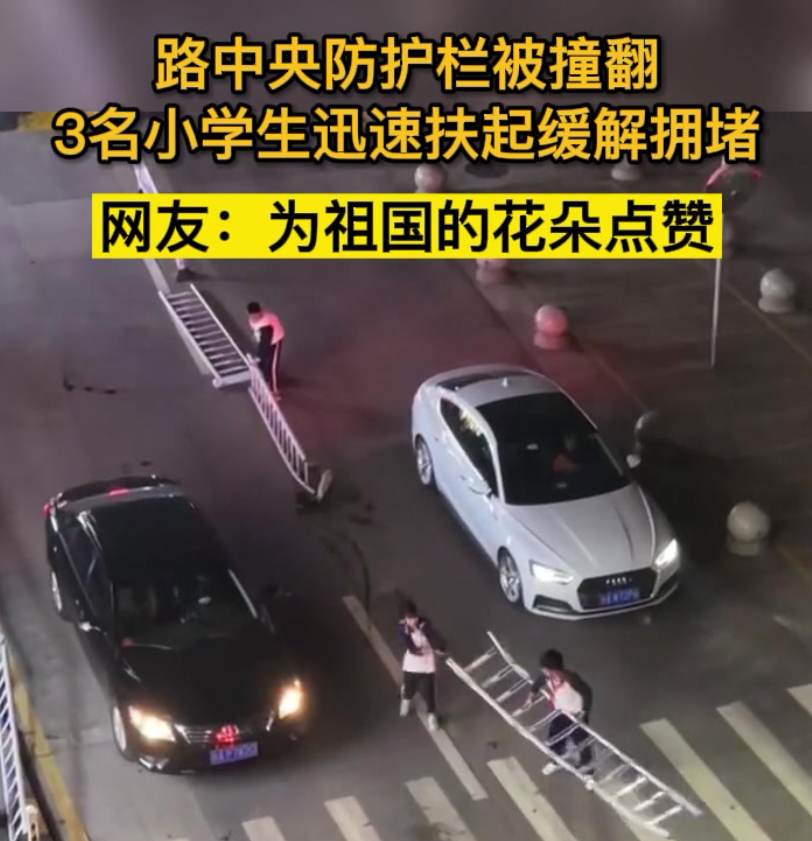 道路中央防护栏被撞翻，3名小学生迅速扶起获全校通报表扬